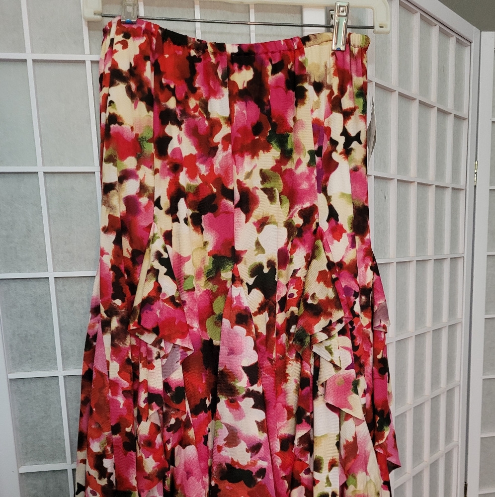 Pink and fuschia floral gored, ruffle skirt, By Focus 2000, Size S